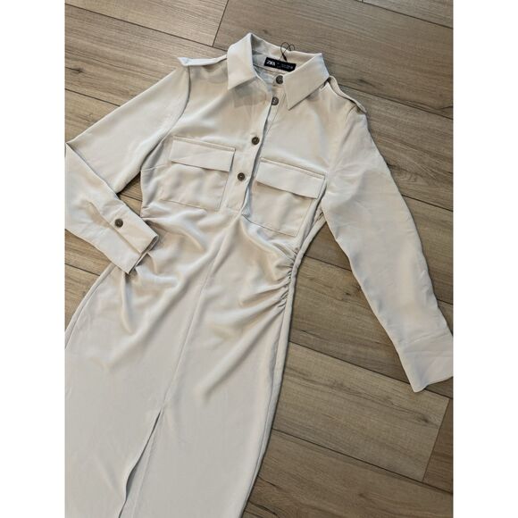 Zara New Women’s Taupe Long Sleeve Top Button Midi Dress M Medium - Picture 4 of 4